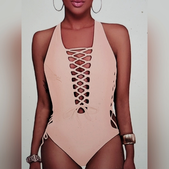 NWT STRAPPY LACE UP CUT OUT FLIRTY SEXY ONE PIECE SWIM BATHING SUIT LARGE - Picture 2 of 10